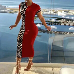 Zebra Striped Patchwork Bodycon Dress (Color: Red)